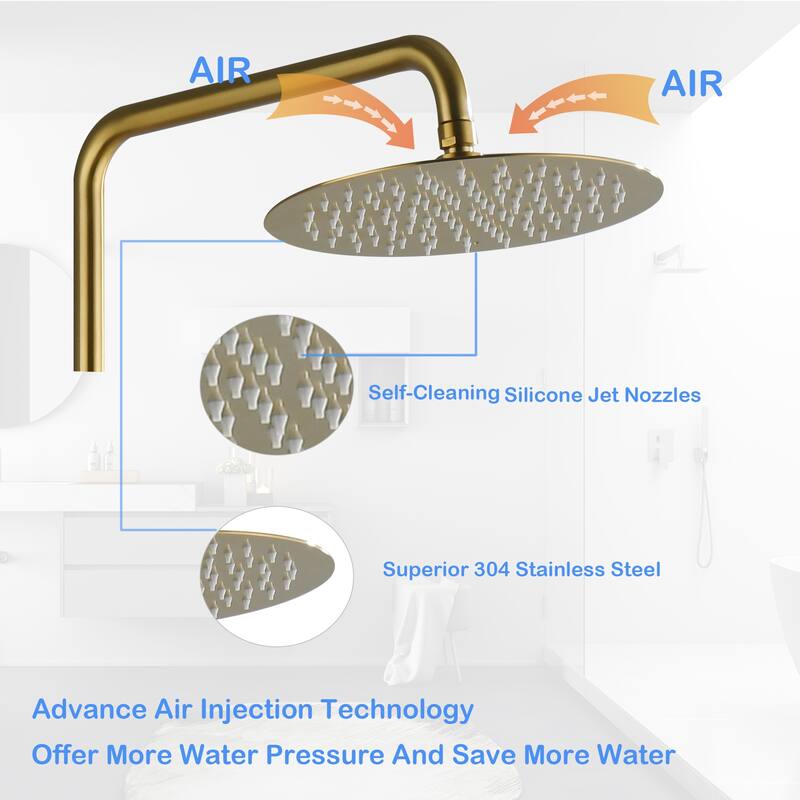 10'' Wall Exposed Install Height/Angle Adjustable Complete Shower System w/ Rainfall Shower Head and Handle in Luxury Gold