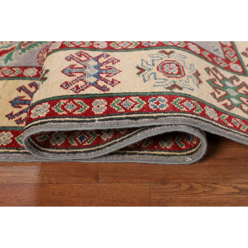 Grey Geometric Kazak Oriental Area Rug Handmade Wool Carpet - 5'1" x 6'9"