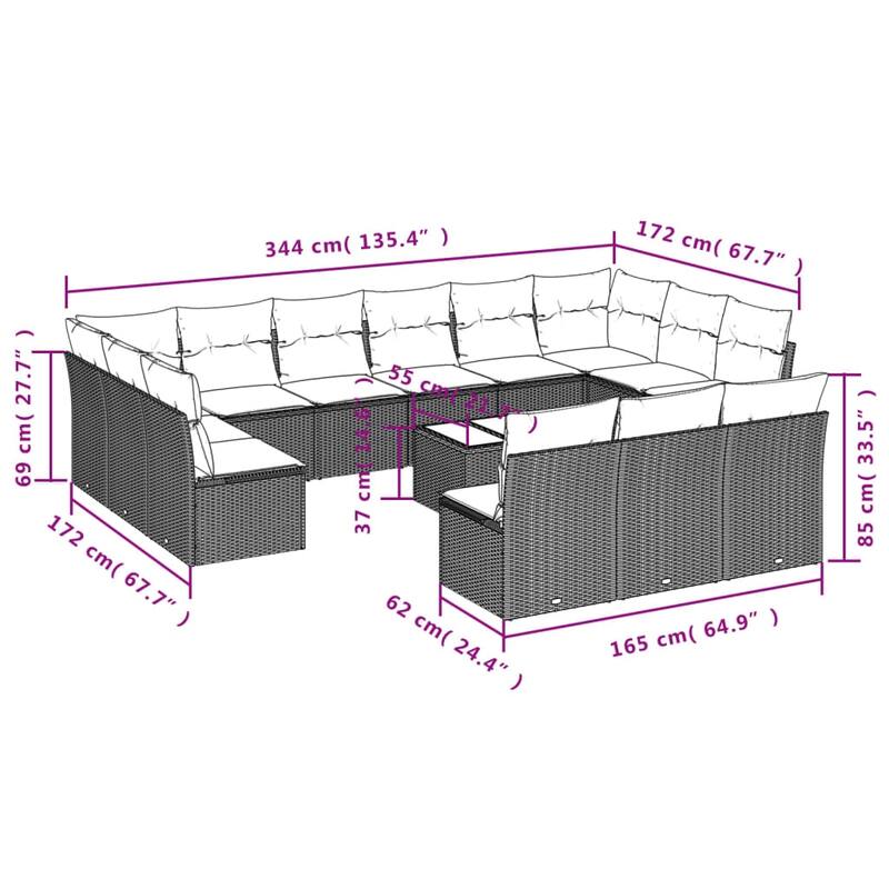 vidaXL 13 Piece Patio Sofa Set with Cushions Black Poly Rattan
