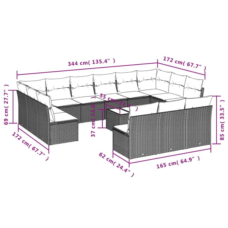 vidaXL Patio Sofa Set with Cushions Outdoor Conversation Furniture Poly Rattan - 21.7" x 24.4" x 27.2"