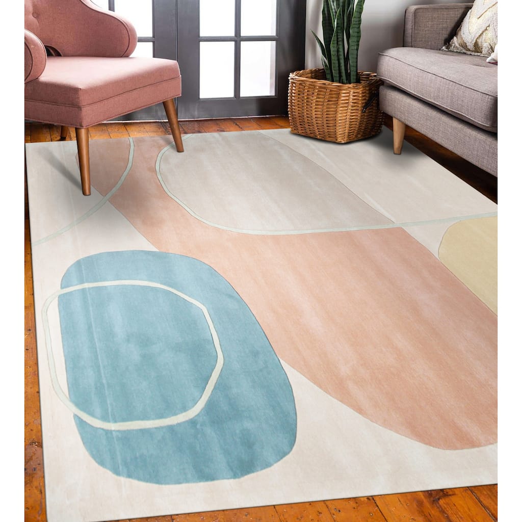 Multicolored Hand-Tufted Wool Contemporary Modern Area Rug, Elegant Handcrafted Soft Texture for Living Rooms - L