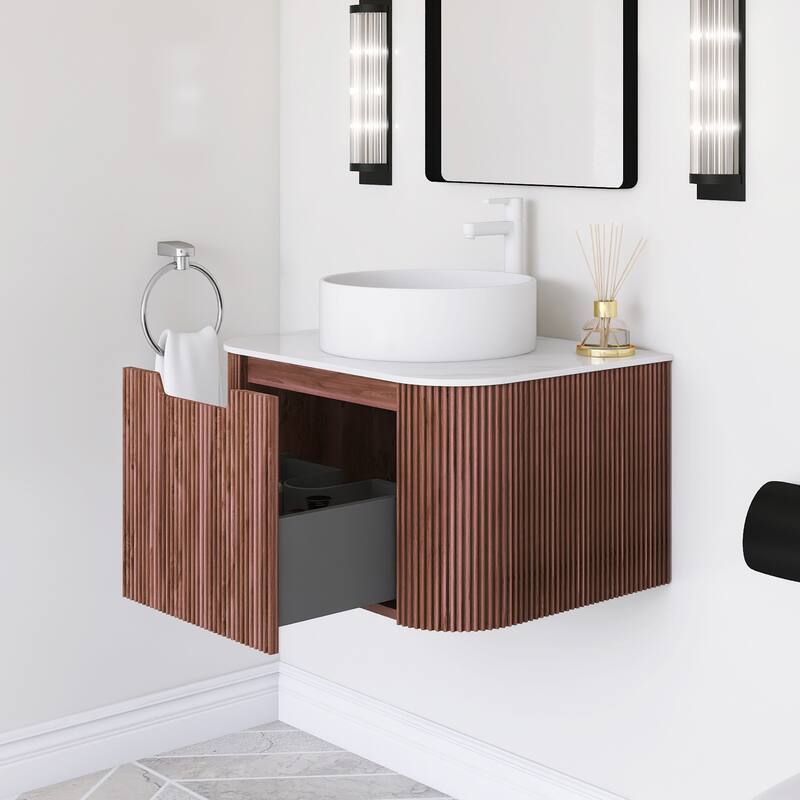 Plywood Wall-Mounted Bathroom Vanity Set with Integrated Ceramic Sink in Natural Wood