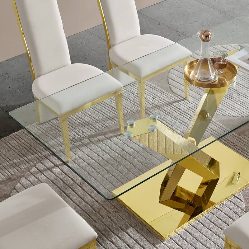Gold stainless steel dining table 70.08 inch clear tempered glass top