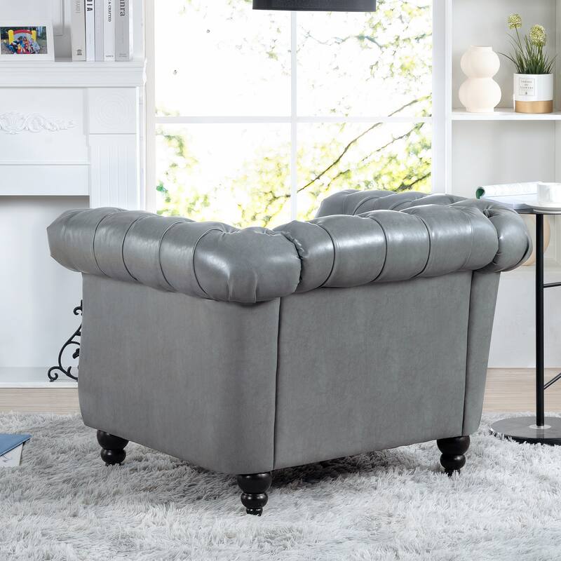 Gray PU 38.98" Buttons Tufted Accent Chair with Birch Legs