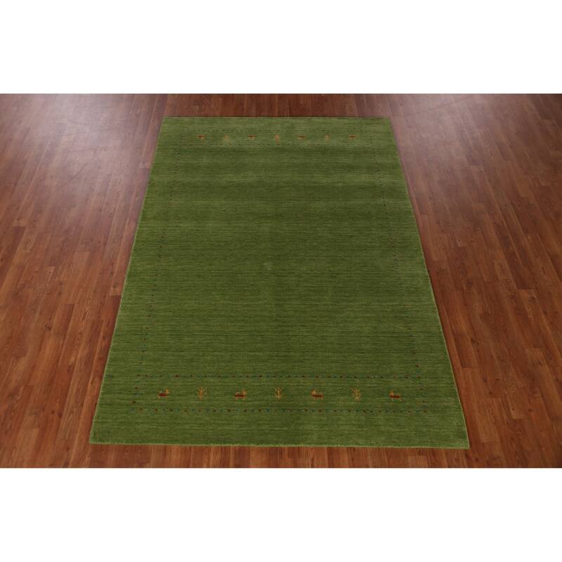 Hand Knotted Oriental 100% Wool Carpet Tribal Animal Pictorial Green Gabbeh Area Rug - 7' 7'' X 5' 4''