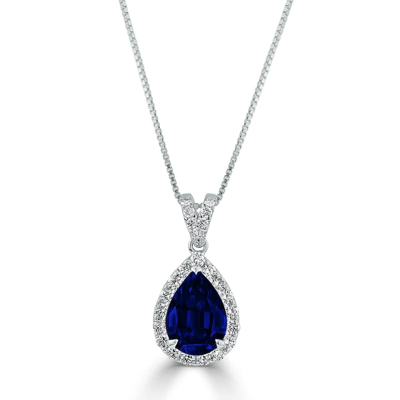 Auriya 18K Gold 2.33ct Pear-Shaped Blue Sapphire and Diamond Halo Pendant Necklace - Blue - 16.5 Inch - Sapphire - White