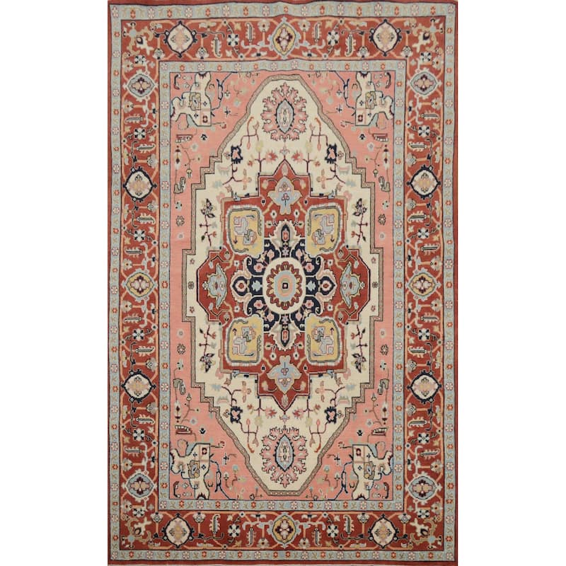 Hand Knotted Oriental 100% Wool Carpet Traditional Medallion Beige & Ivories Heriz (serapi) Area Rug - 8' 10'' X 5' 10''