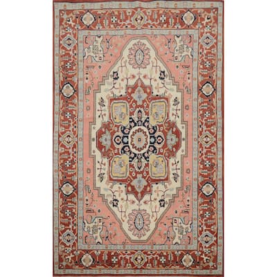 Hand Knotted Oriental 100% Wool Carpet Traditional Medallion Beige & Ivories Heriz (serapi) Area Rug - 8' 10'' X 5' 10''