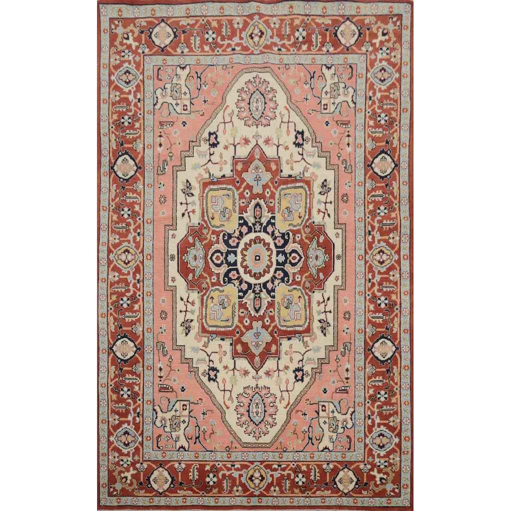 Hand Knotted Oriental 100% Wool Carpet Traditional Medallion Beige & Ivories Heriz (serapi) Area Rug - 8' 10'' X 5' 10''