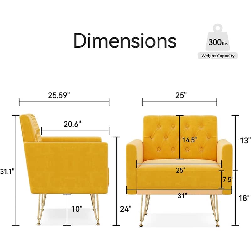 Teddy Armchair Single Sofa Modern Tufted Upholstered Side Reading Chairs with Arm and Gold Metal Leg for Living Room