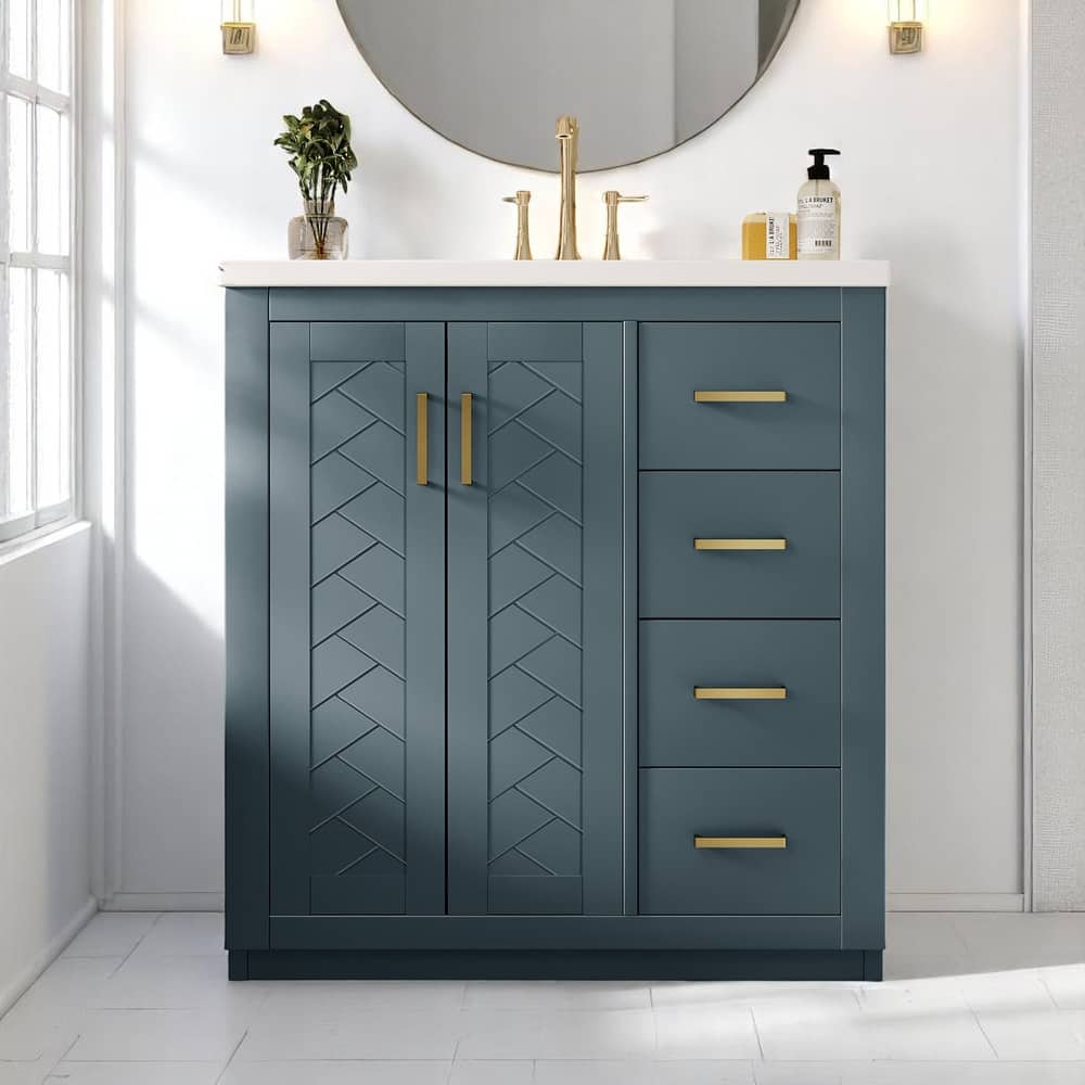 Freestanding 30 Inch Bathroom Vanity with Ceramic Sink, MDF Cabinet with 3 Drawers and Storage Shelf