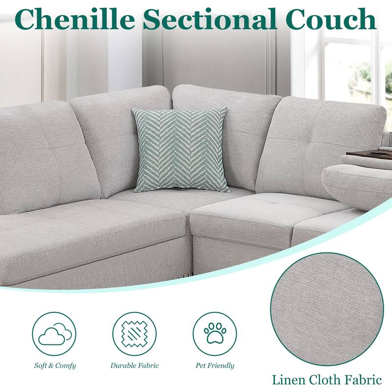 HOMEFUN Linen/Leather Upholstered L-Shaped 4-seater Multifunctional Sectional Sofa with Storage Ottoman,Cup Holder