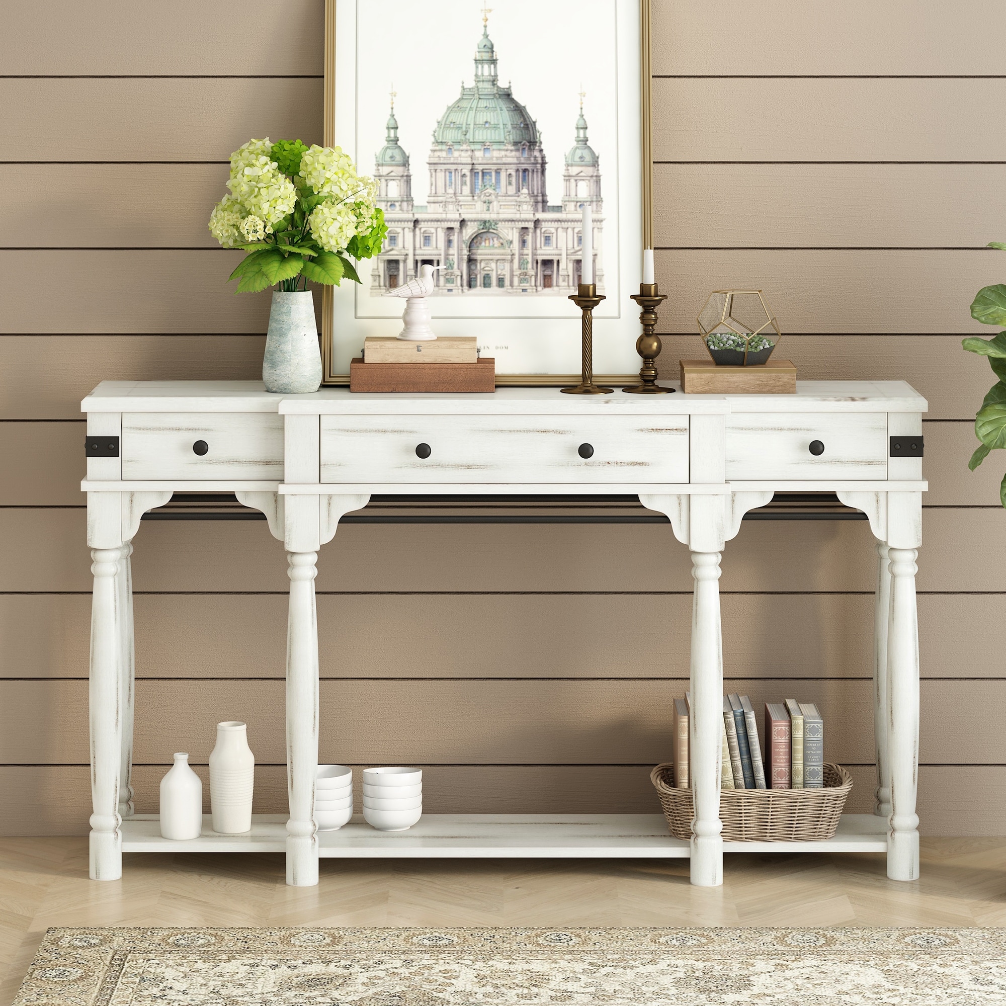 Console Table Retro 60 Inch Entryway Table With Storage, Creamy White - Bed  Bath & Beyond - 38168945