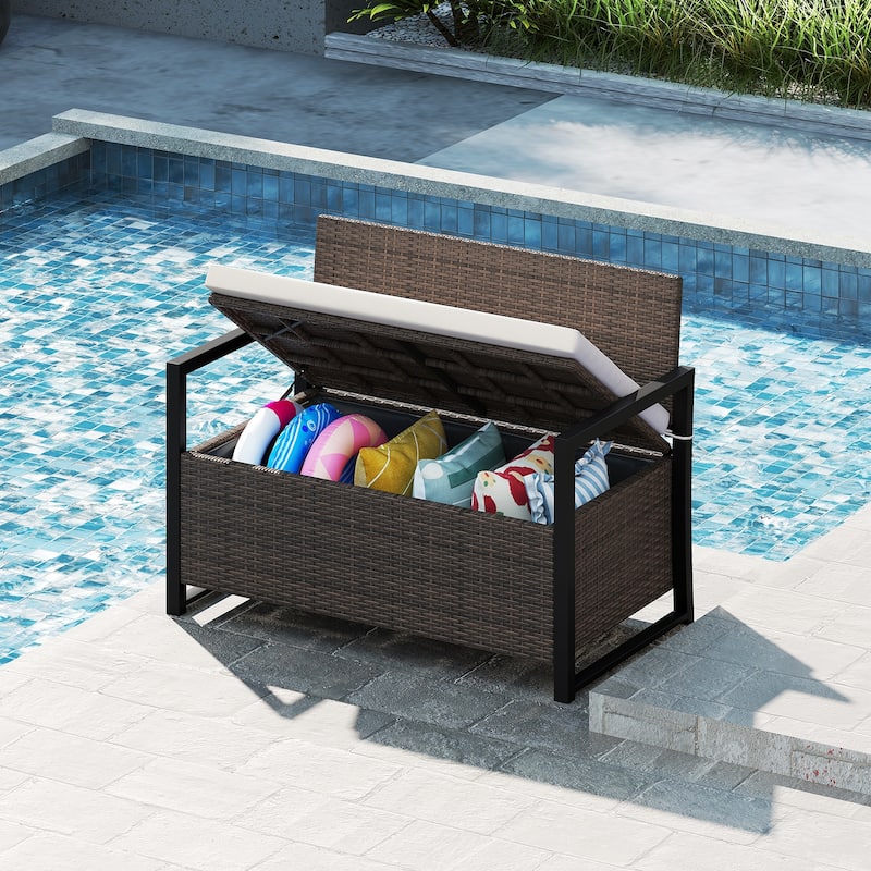 Patio Rattan Storage Bench with 40 Gallon Deck Box and Seat Cushion for Backyard or Garden - 24.5" x 46" x 33.5"