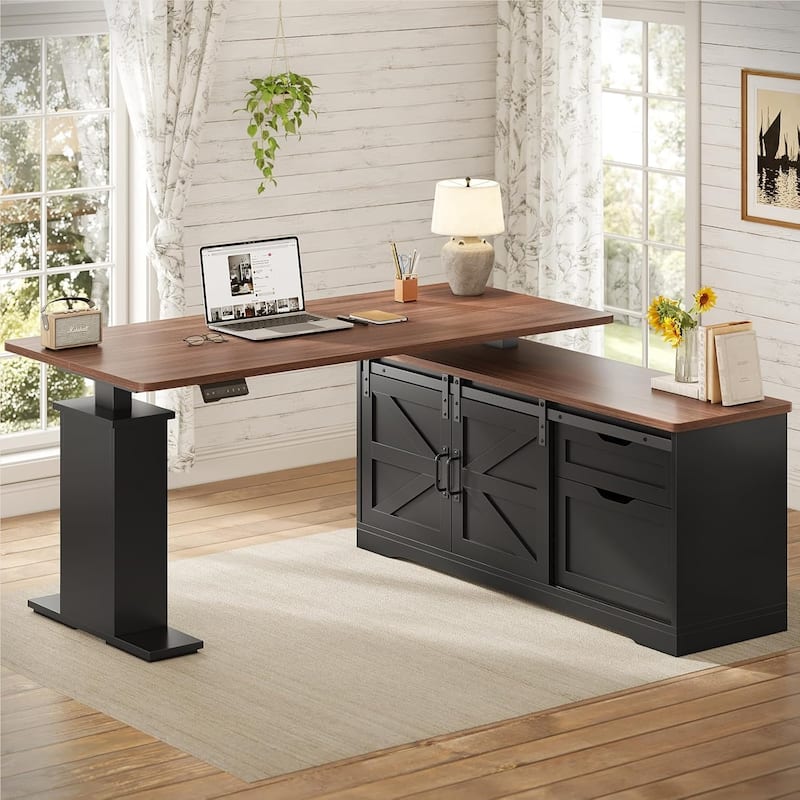 L Shaped Standing Desk Height Adjustable Corner Desk Storage Drawers