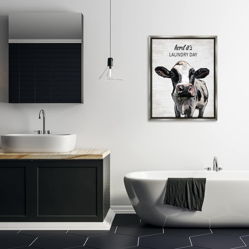 Stupell Herd It's Laundry Day Cow Framed Floater Canvas Wall Art Design By Lettered and Lined