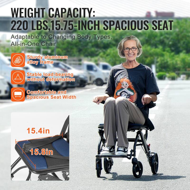 Wheelchair, Carbon Steel Transport Chair for Adults, Foldable Wheelchair with Armrest, Self-locking Brake