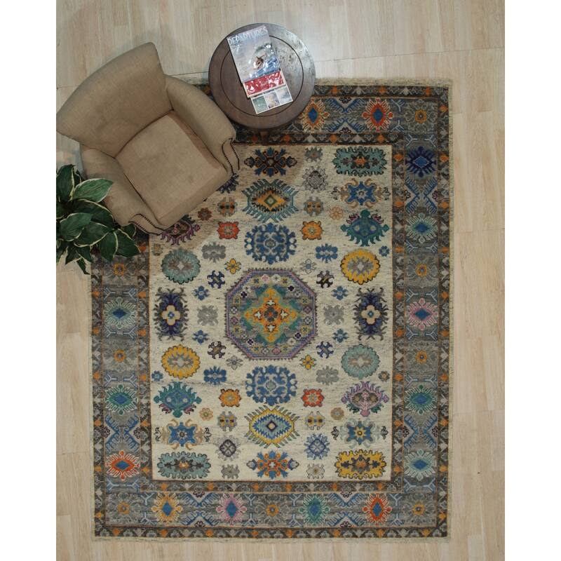 Ivory Gray Hand Knotted Wool Transitional Rug 9' x 12' - Ornamental Medallion 0.5" Pile Stain Resistant - N/A