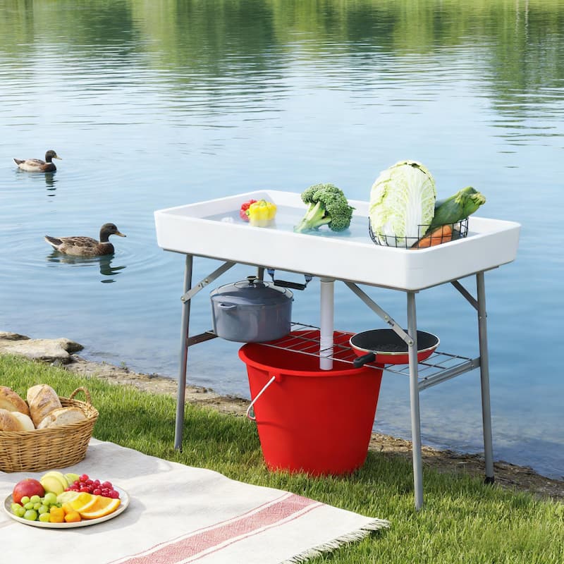 GDFStudio - Orion Folding Outdoor Ice Cooler Table for Effortless Entertaining - White - Ice Cooler Table