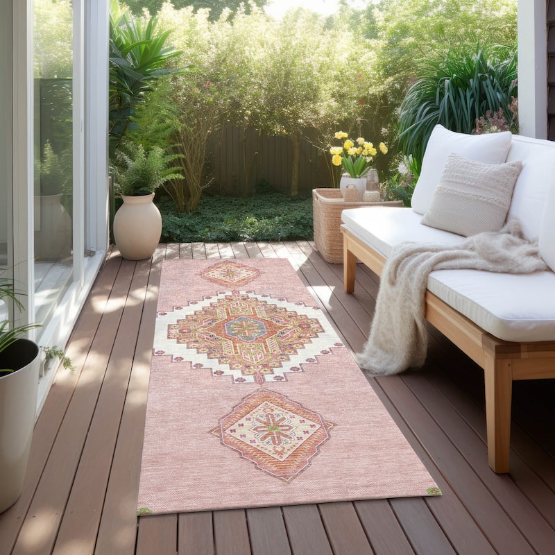 Machine Washable Indoor/ Outdoor Boho Traditional Chantille Rug - Pink - 2'3" x 7'6"
