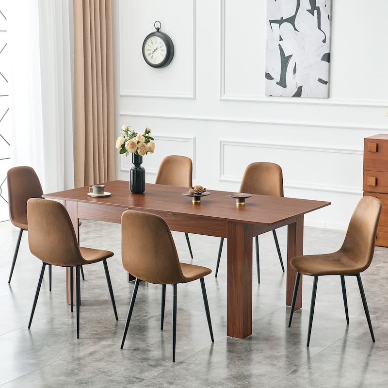 Modern Expandable Walnut Dining Table with Double Drop Leaves Space Saving Rectangular Kitchen Table for Small or Large Spaces