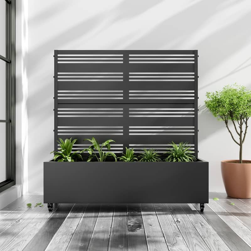 Metal Movable Planter Box with Trellis Privacy Screen Planter Box with Lockable Wheels - Black3