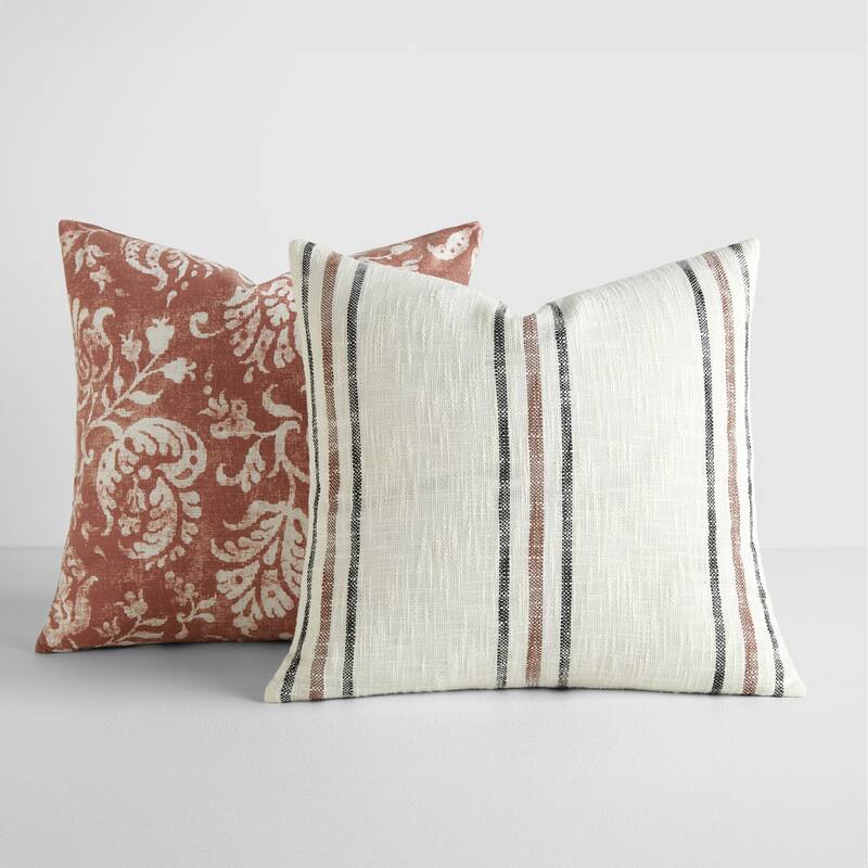 2-Pack Yarn-Dyed Patterns Decor Throw Pillows in Yarn-Dyed Framed Stripe / Distressed Floral - Pillow Sets - Polyester
