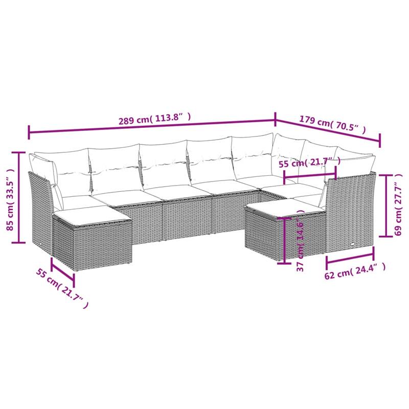 vidaXL Patio Sofa Set with Cushions Outdoor Conversation Furniture Poly Rattan - 21.7" x 24.4" x 27.2"