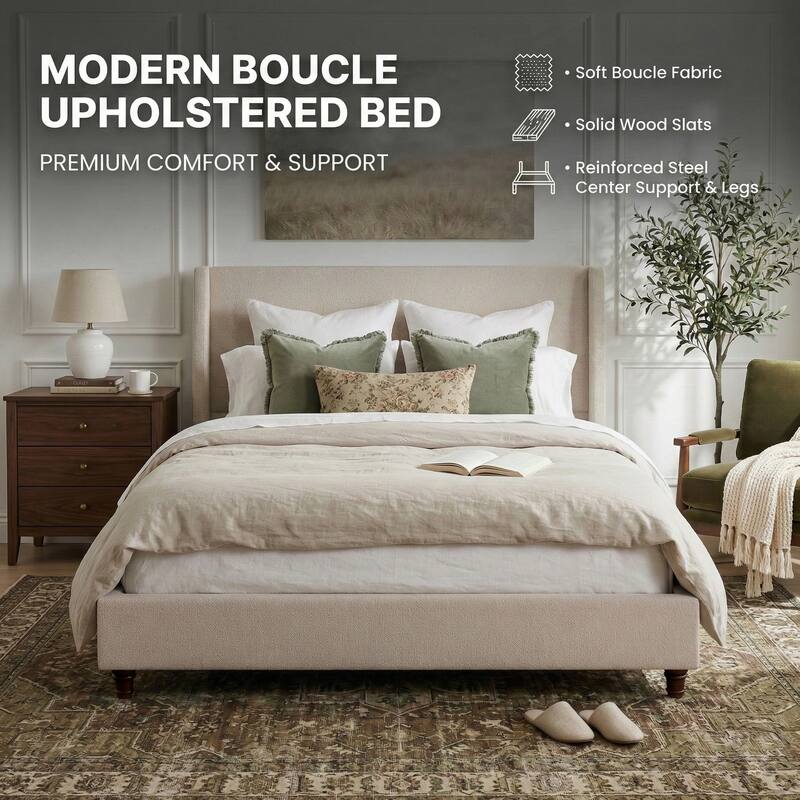 Christopher Knight Home - Modern 52.7" Tall Wingback Boucle Upholstered Platform Bed Frame with Solid Wood Legs & Slat Support