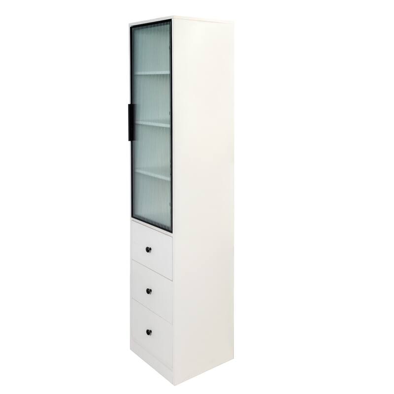 Storage Cabinet with Glass Doors & 3 Drawers, Display Cabinet with Storage Shelves, Multi-Functional Accent Cabinet