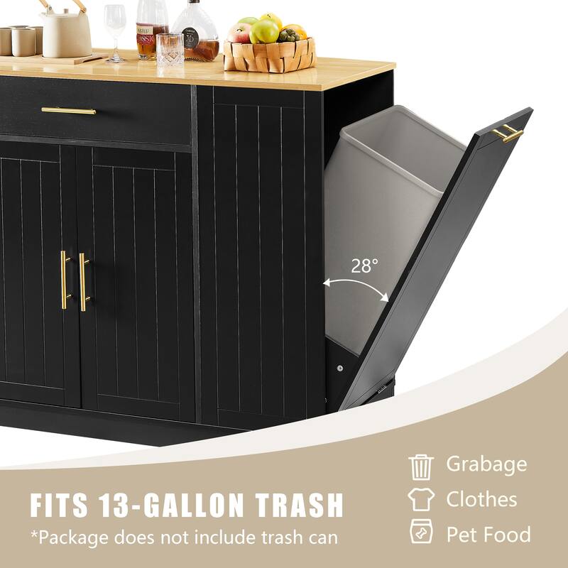 53" Modern Farmhouse Kitchen Island with Drawer, Tilt-Out Trash Can Storage, Adjustable Shelves & Spice Rack for Kitchen