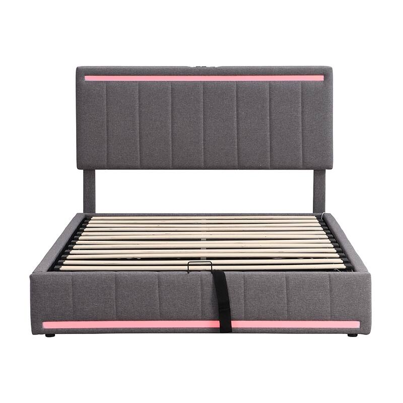 Full Size Upholstered Platform Bed with Hydraulic Storage System, LED