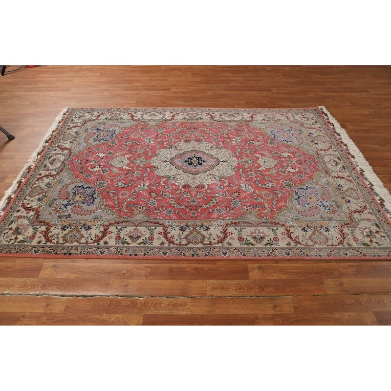Handmade Pink Wool & Silk Tabriz Persian Area Rug Traditional Carpet - 5'0"x 7'6"