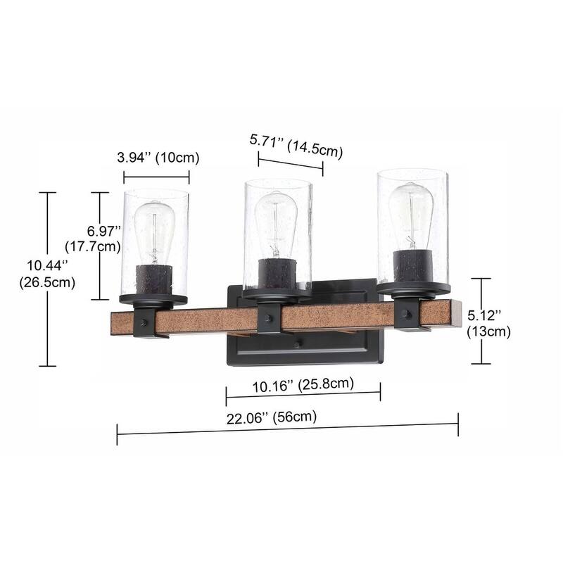 3 Light Matte Black Rustic Vanity Light - 22.06"x5.71"x10.44"