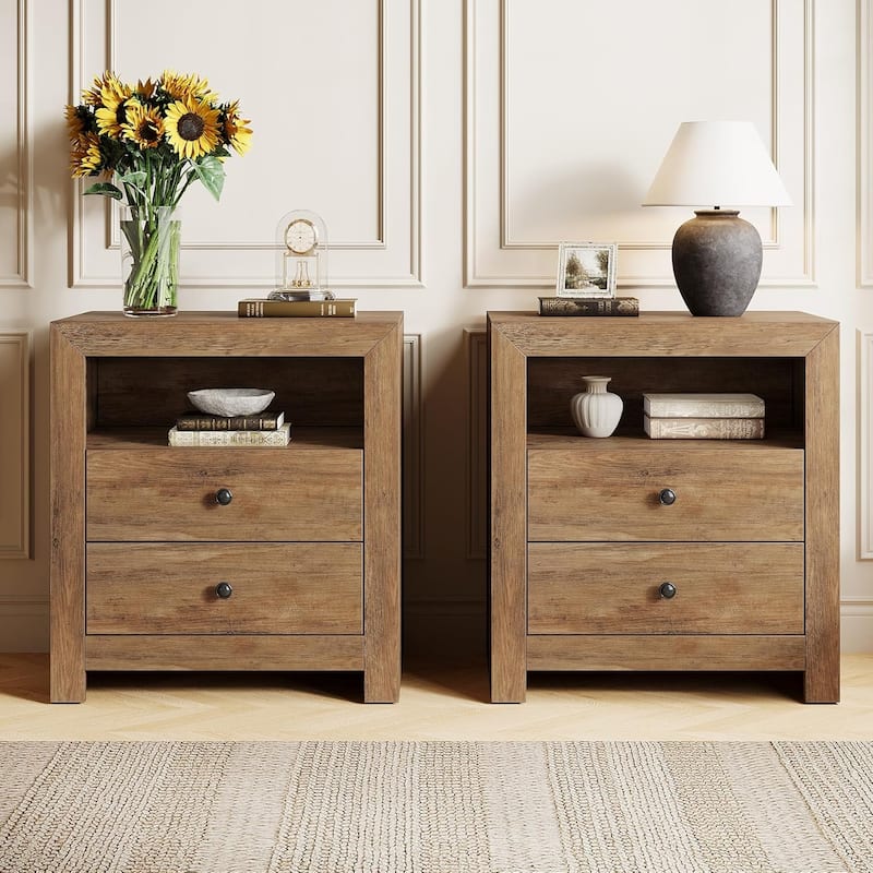 Nightstand with 2 Storage Drawers, Rustic Bedside Table for Bedroom - 4-drawer