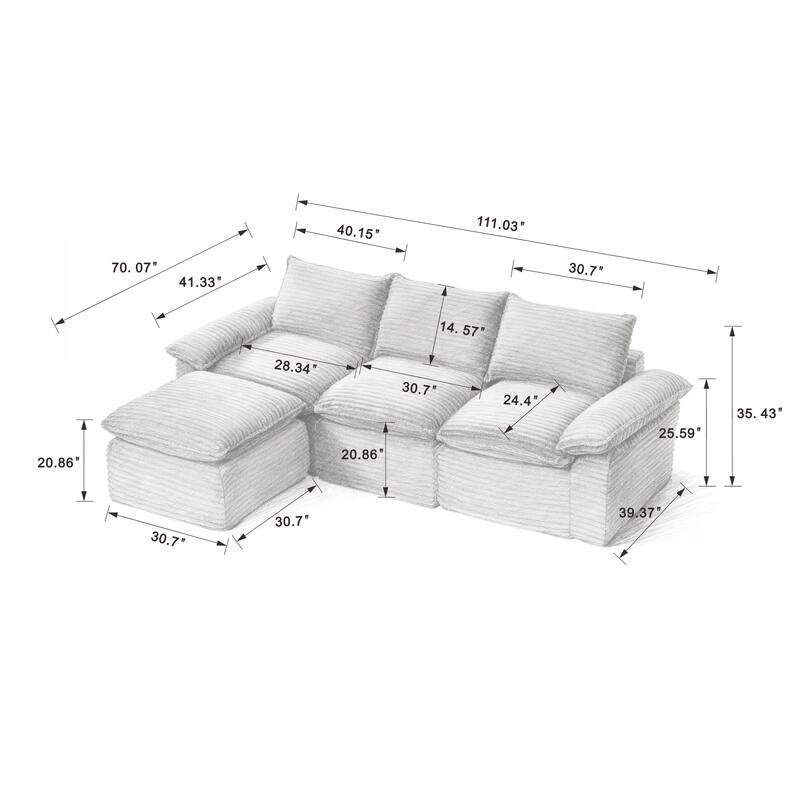 L Shaped Sectional Sofa with Ottoman, Oversized Corduroy Upholstered Cloud Sofa, High-Density Sponge 4 Seater Sofa