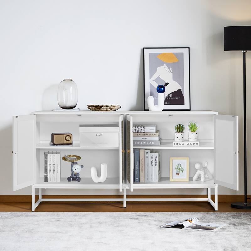 Wood Rattan 4-Door Buffet Sideboard With Storage
