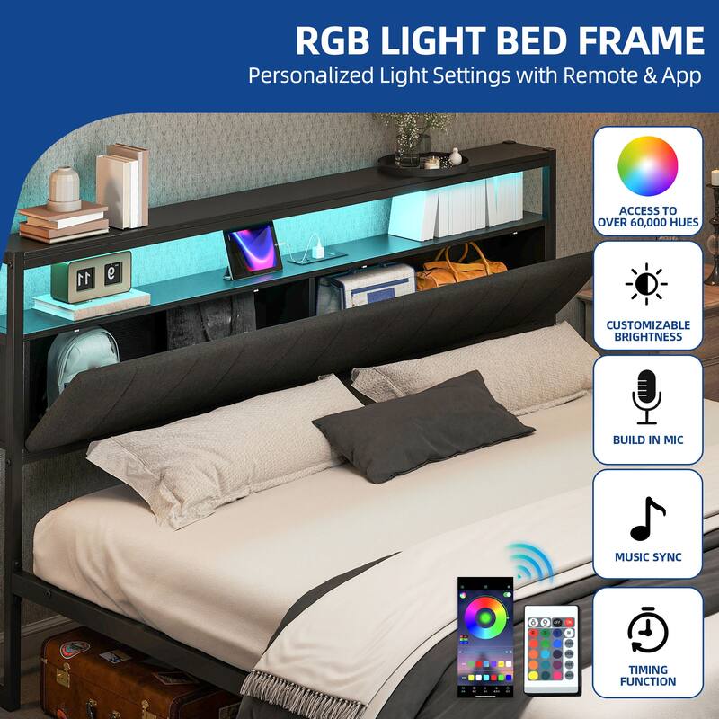 Storage Upholstered Platform Bed with LED Lighting Included and Built In USB Port