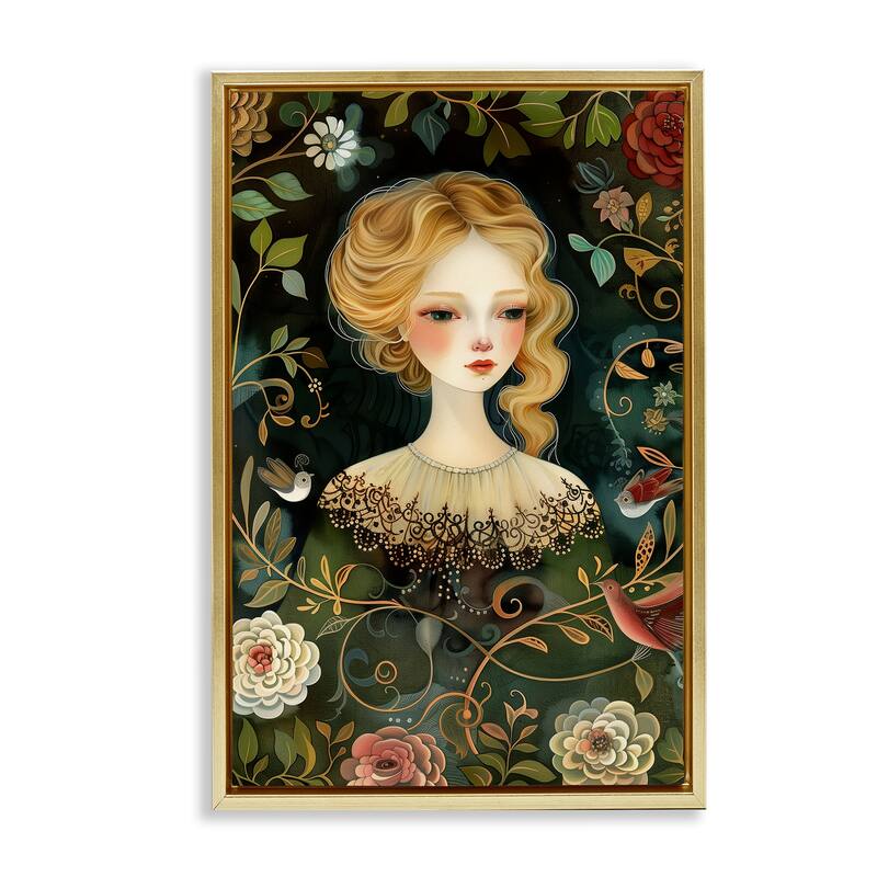 Stupell Victorina Woman with Florals Framed Floater Canvas Wall Art Design By The Dutch Lady - 21 x 31 - Gold
