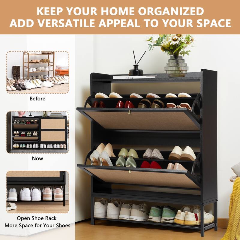Free-standing Two-tier Flip-out Drawer Wooden Shoe Storage