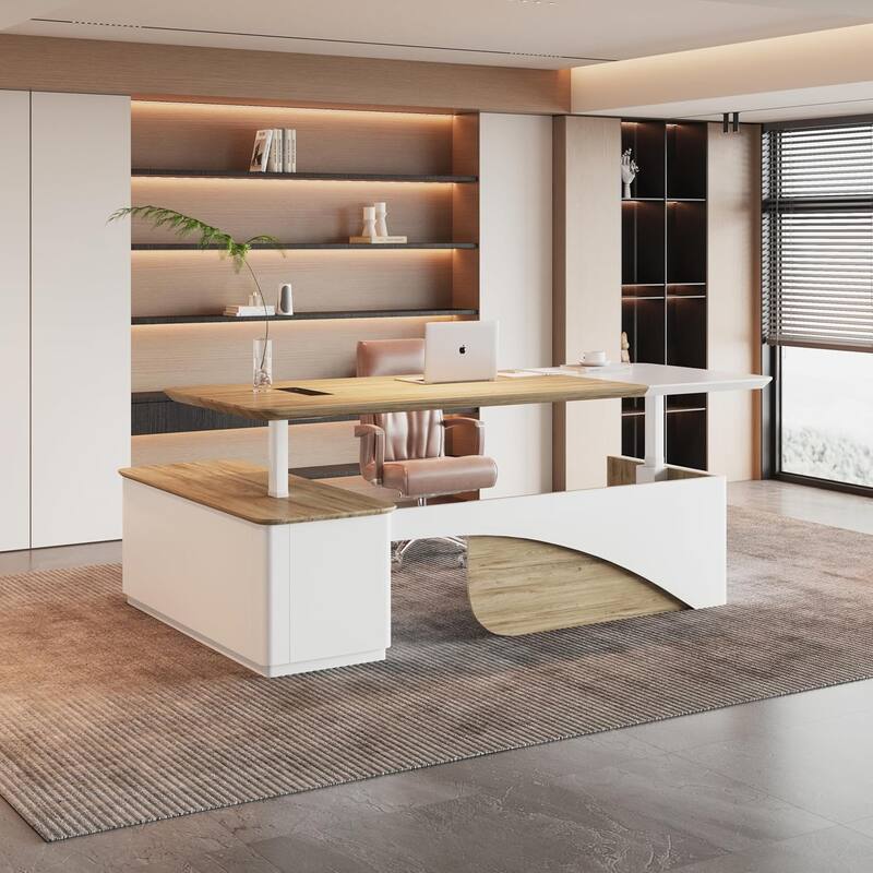 WESOME White Adjustable L Shaped Desk with LED Power Outlets, Electric Sit and Stand Desk