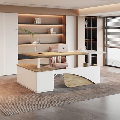 WESOME White Adjustable L Shaped Desk with LED Power Outlets, Electric Sit and Stand Desk
