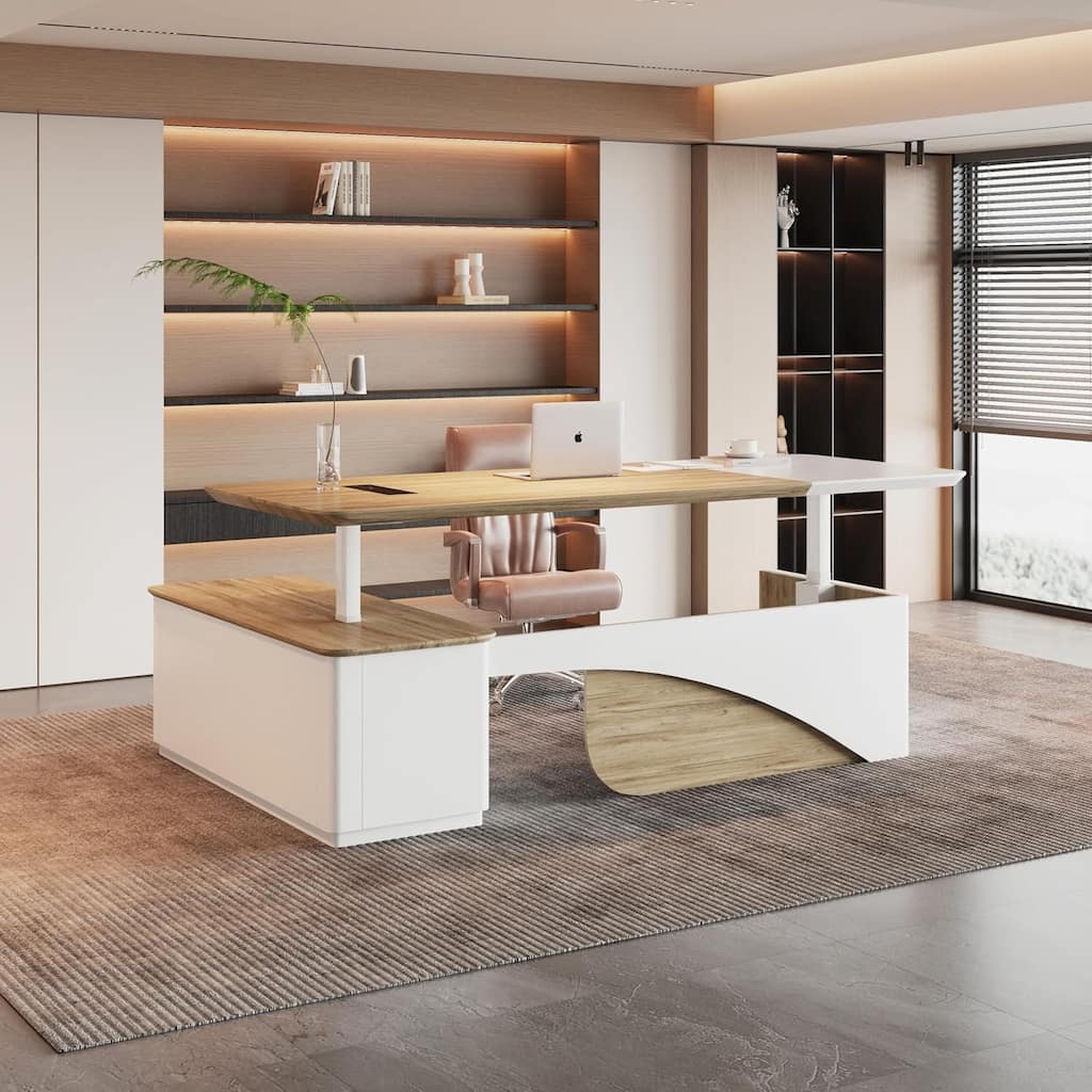 WESOME White Adjustable L Shaped Desk with LED Power Outlets, Electric Sit and Stand Desk