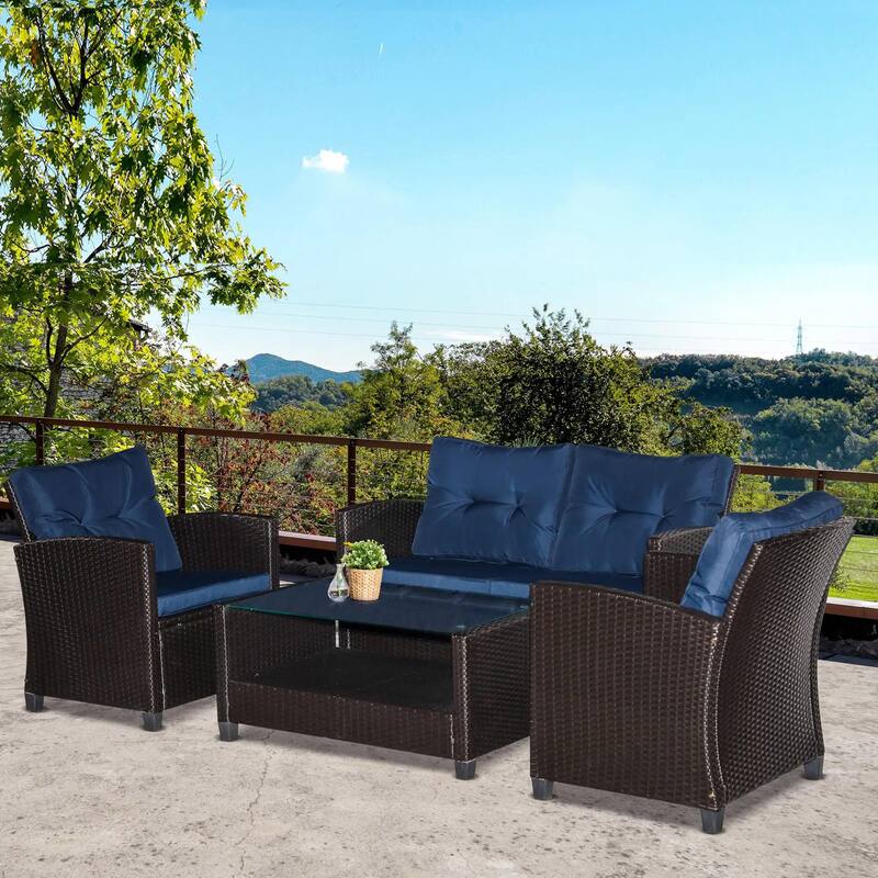 4PCS PE Rattan Patio Furniture Set with Two-tier Coffee Table,Cushion - Blue