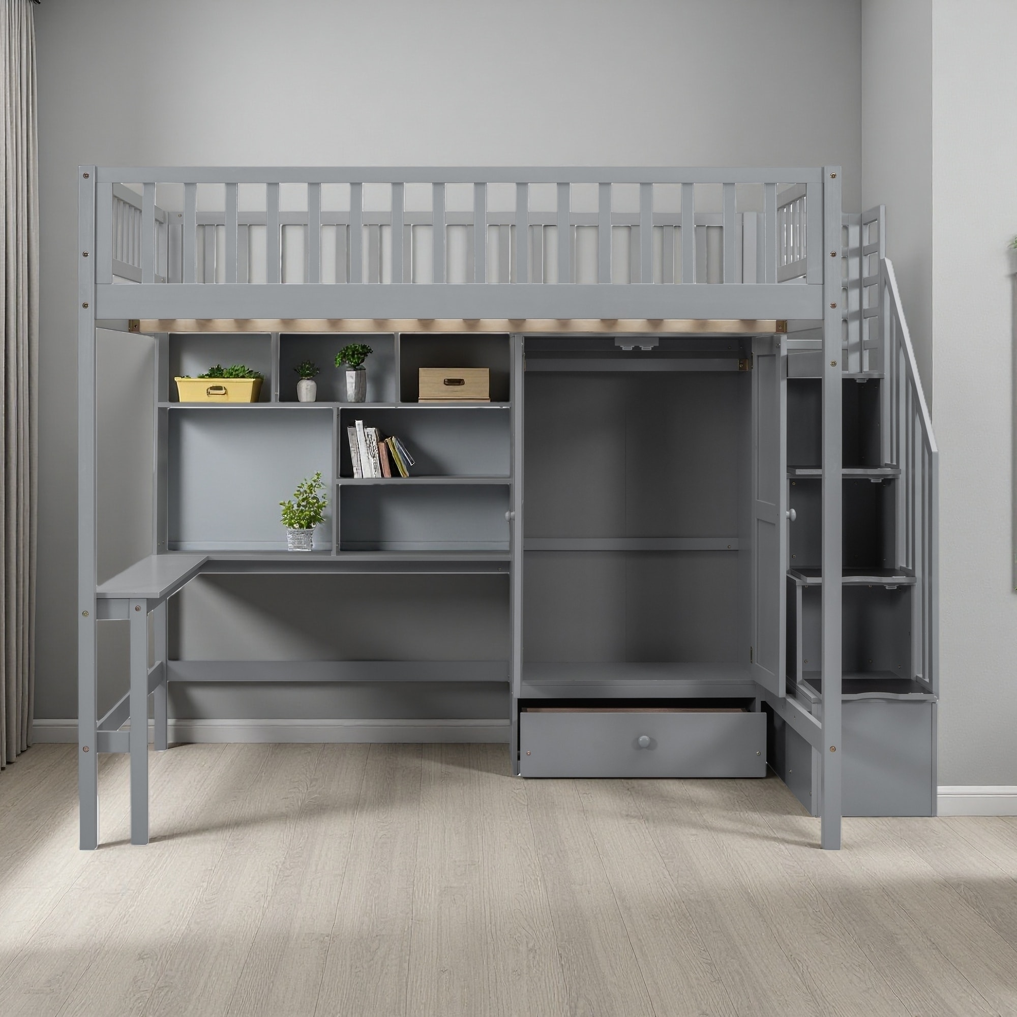 Full Size Wood Loft Bed with Bookshelf, Drawers, Desk and Wardrobe