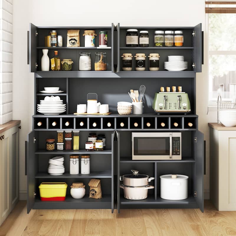 Gymax 63'' Wide Kitchen Buffet Hutch w/4 Cabinets 2 Open Shelves &