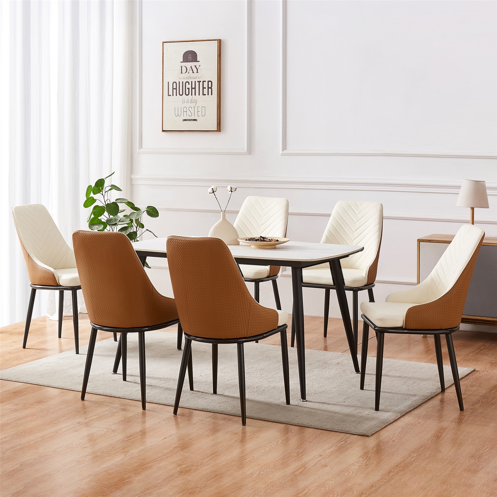 Modern Faux Leather Dining Chairs with Woven Leather Back Set of