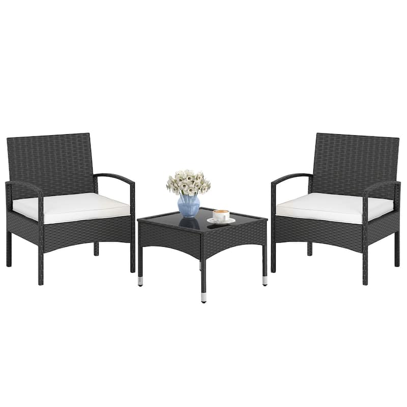 3 Piece Black PE Rattan Patio Set with Beige Cushions Table and 2 Chairs - 20” x 20” x 15”