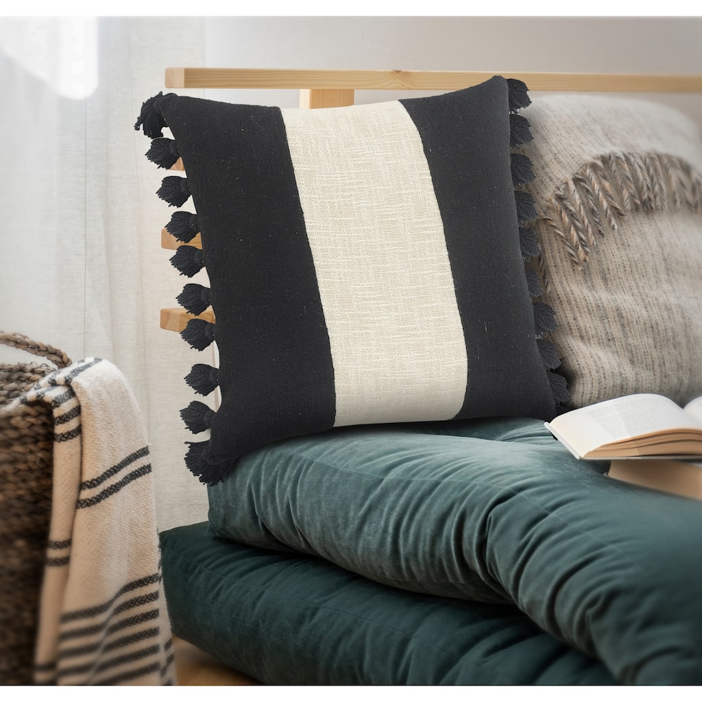 Sevita Tri-Stripe Black and Ivory Fringe Pillow