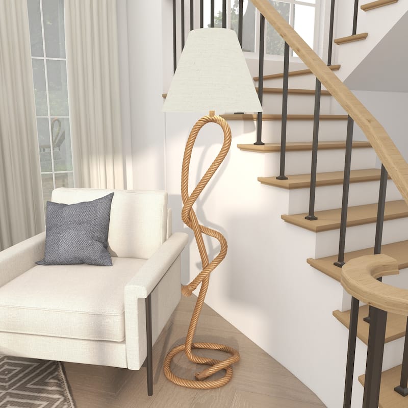 Brown Jute Rope Twisted Rope Room Floor or Table Lamp with Cream Linen Shade